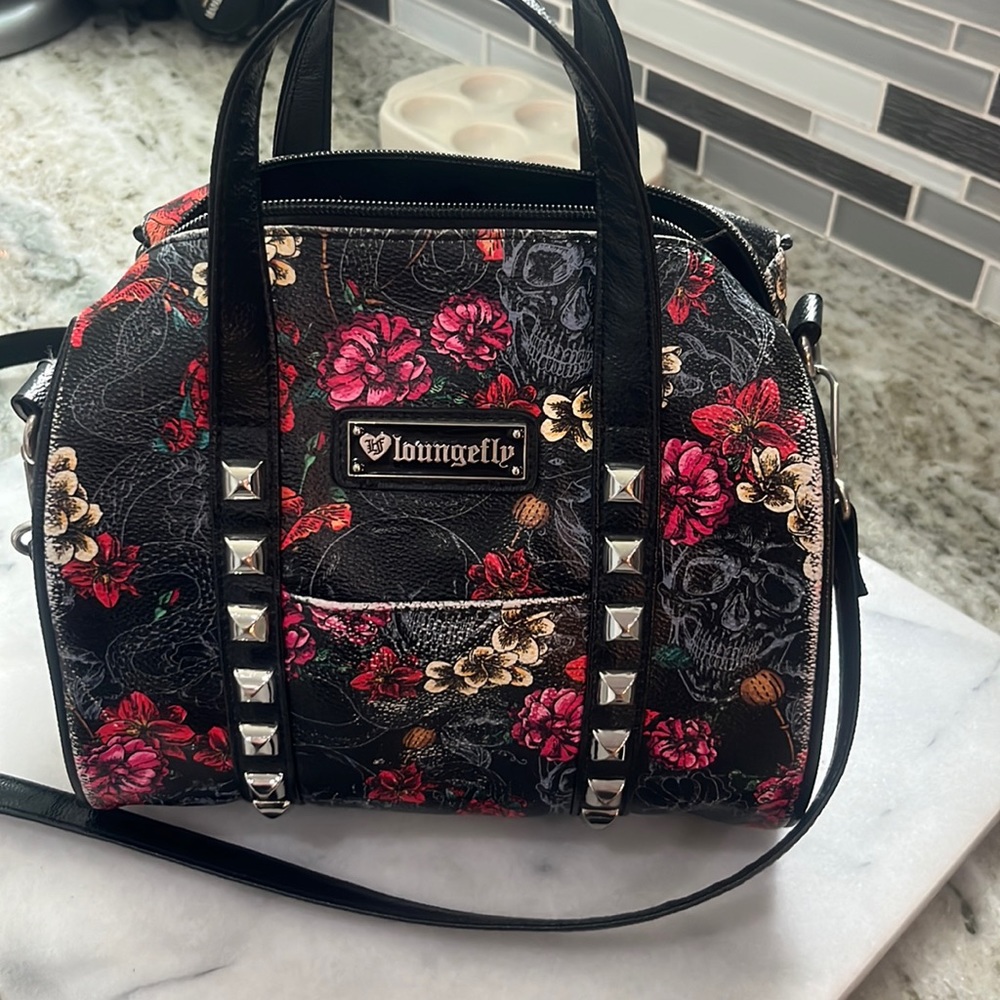 Loungefly studded snake skull roses bag